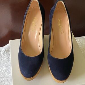 Beautiful Corkswoon Weitzman Stuart suede wedges navy blue  8.5 Kate Middleton